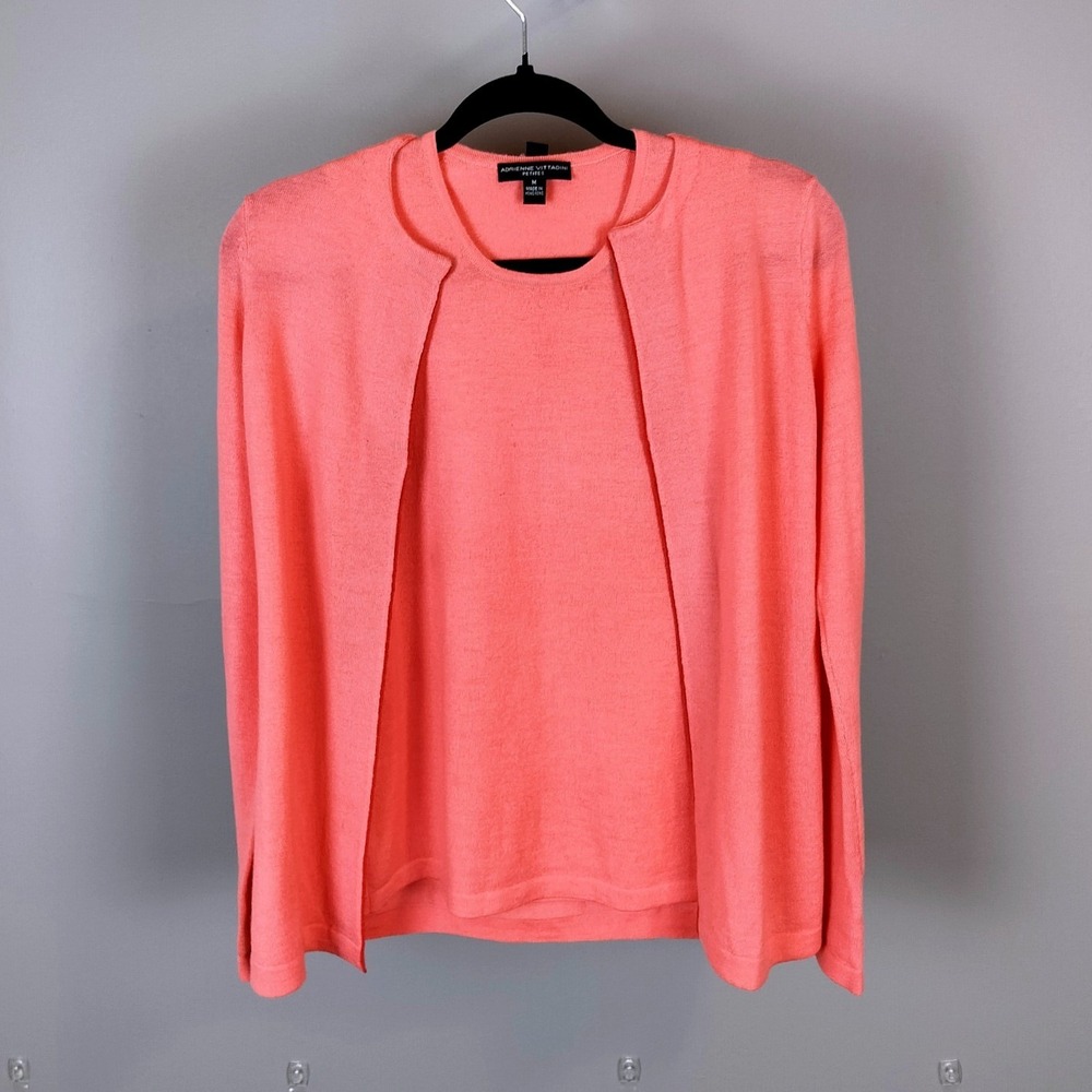 Adrienne Vittadini 100% Wool Twin Set Cardigan Shelln Tank Top Petite Coral Pink